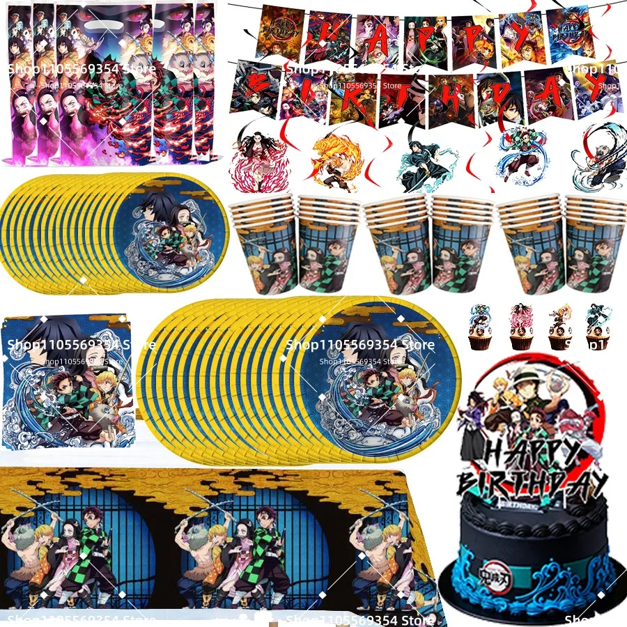 Demon Slayer: Kimetsu no Yaiba Geburtstagsparty Outdoor-Dekoration Tischgeschirr Pappteller Partygeschenke Tischdecke Partydeko