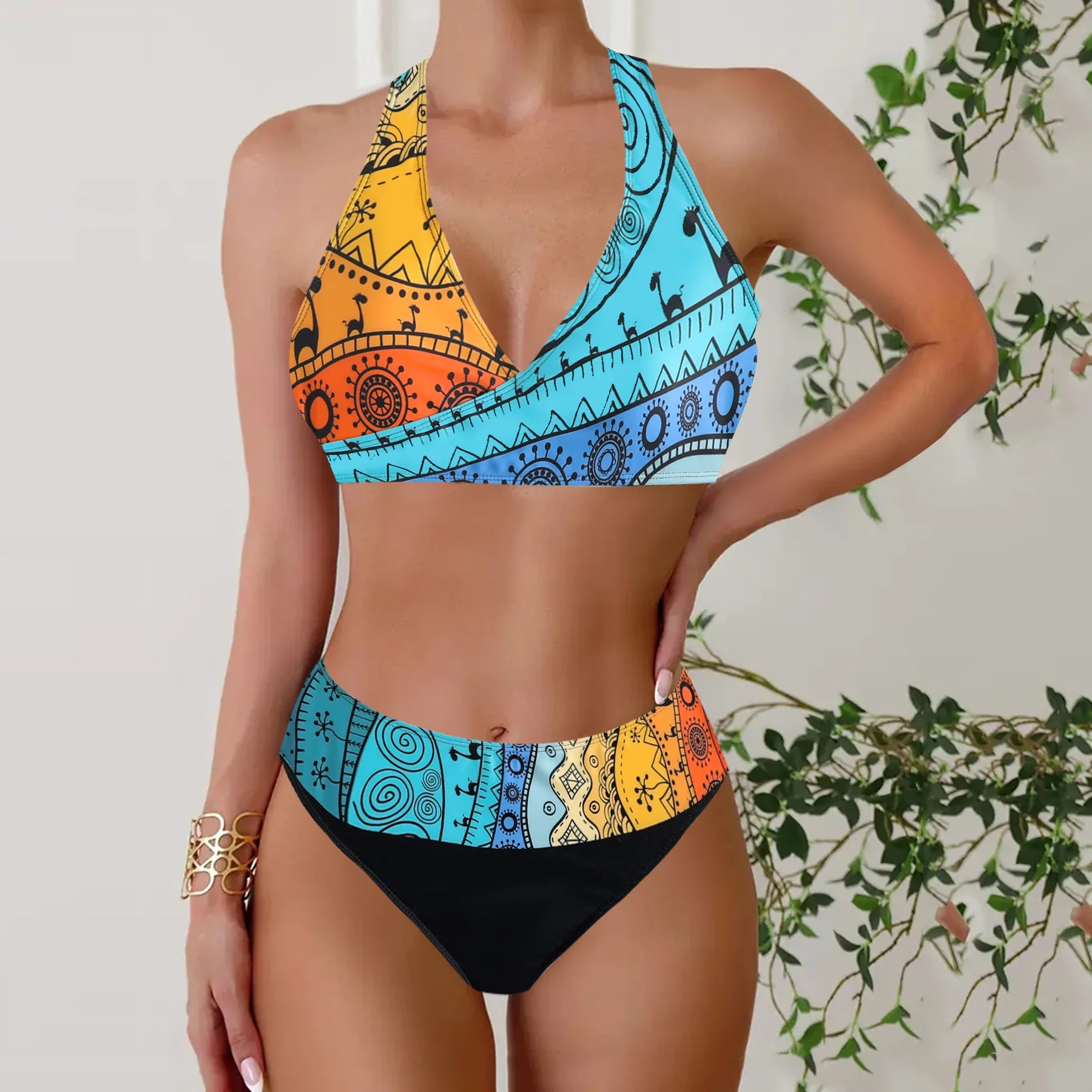Set tankini da donna per le vacanze estive - Costume da bagno girocollo ad alta elasticità con stampa casuale, bikini tropicale in tessuto lavorato a maglia da 2 pezzi
