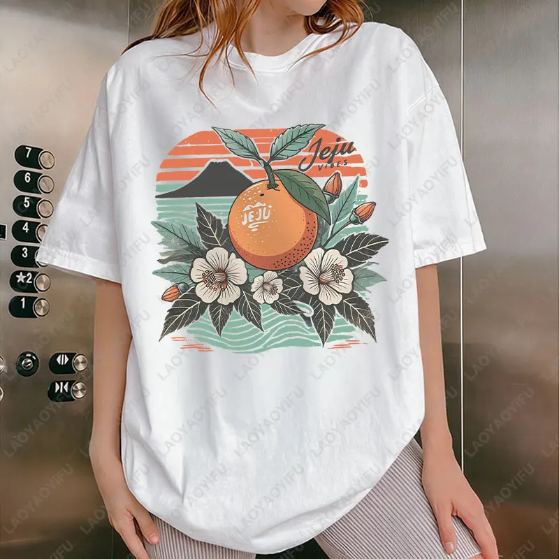 제주 섬 한국 Kdrama 코튼 탑 패션 선물 Kpop 황황 과일 의류 남성 여성 다목적 여행 티 Loungewear Tshirt