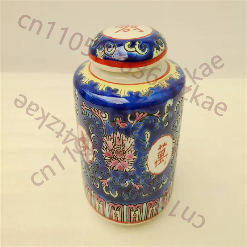 Chinese old porcelain Pink Blue background pattern tea canister Storage lid jar Antique Decorative collectibles