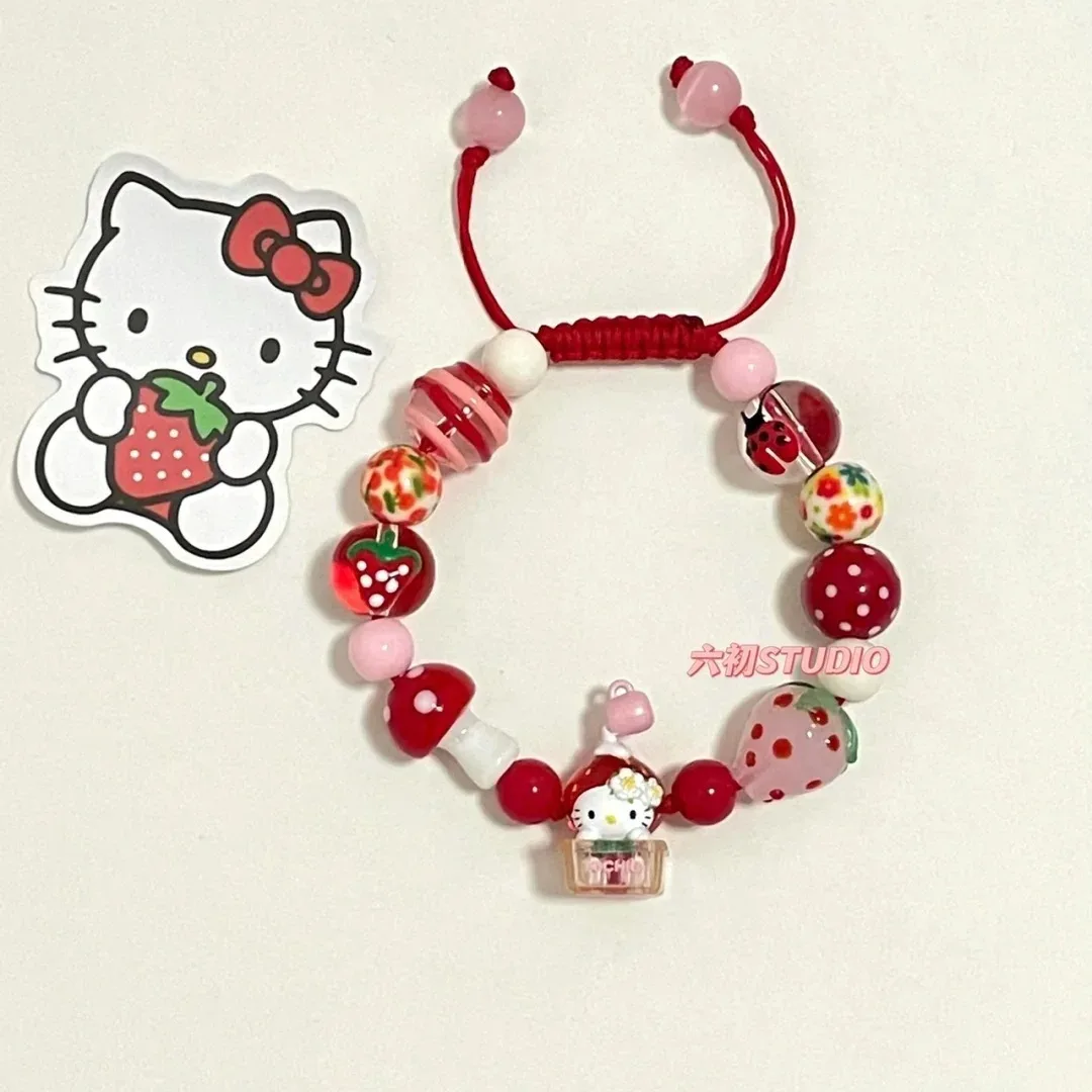 

Sanrio Hello Kitty Mini Doll Cute Cartoon Kt Cat Model Bracelet Fashionable Colorful Beaded Hand-knitted Drawstring Sweet Toy