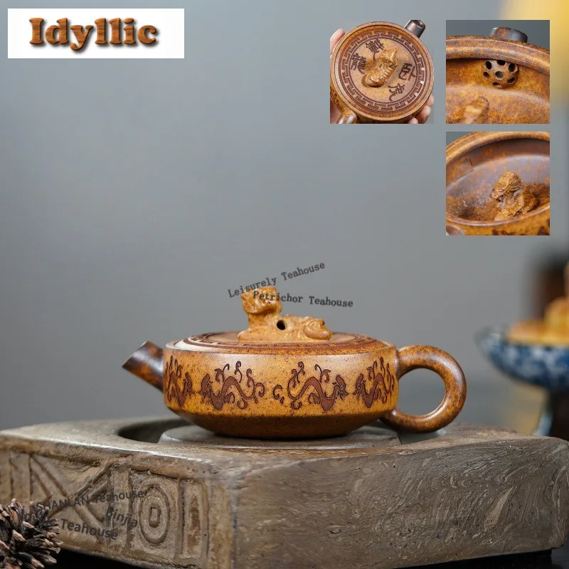 

160 мл подлинные фиолетовые глиняные чайники Исин ручной работы, горшок с изображением дракона и тигра, необработанная руда, фарфоровый чайник с грязью, чайный сервиз Zisha, подарки
