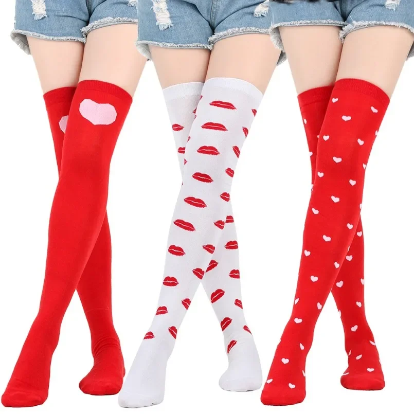 

Womens Long Over Above Knee Socks Heart Love Ladies Girls Striped Thigh High Stockings Black White Cosplay Lolita Harajuku Y2k