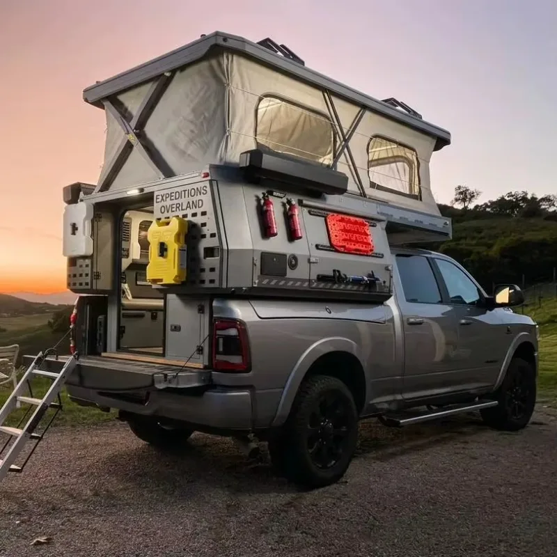 4WD Pickup Dedicated Foldable Mechanical Camper Shell, Lightweight Pickup Bed RV with Complete Kitchen and Shower Facilities