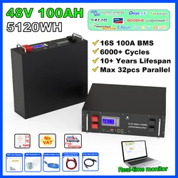 LiFePO4 Battery 48V 50Ah 100Ah 200Ah 16S 51.2V Built-in BMS Lithium Iron Phosphate Battery Grade-A Cell for Energy Storage UPS