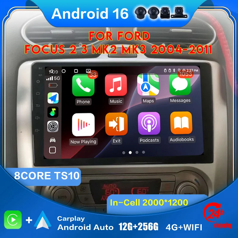 2Din Radio Automotive wireless android auto CarPlay adapter for ford focus 2 3 Mk2 Mk3 2004-2011 2K QLED Smart screen Plug&Play