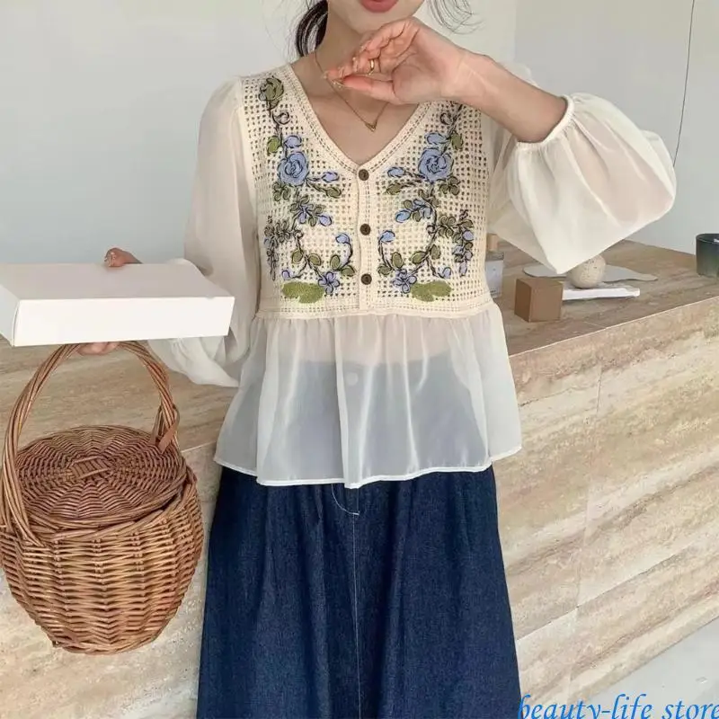 

Women Puff Long Sleeve Button Up V-Neck Blouses Shirt Hollowed Crochet Embroidery Flower Ruffle Loose Peplums Top 517D