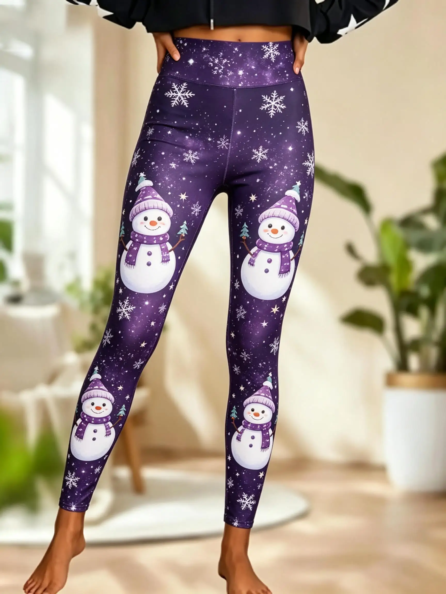 Women Fleece‑lined Mid‑rise Leggings Purple Galaxy Snowman Snowflake Print Slim Stretch Christmas Winter Casual Pants