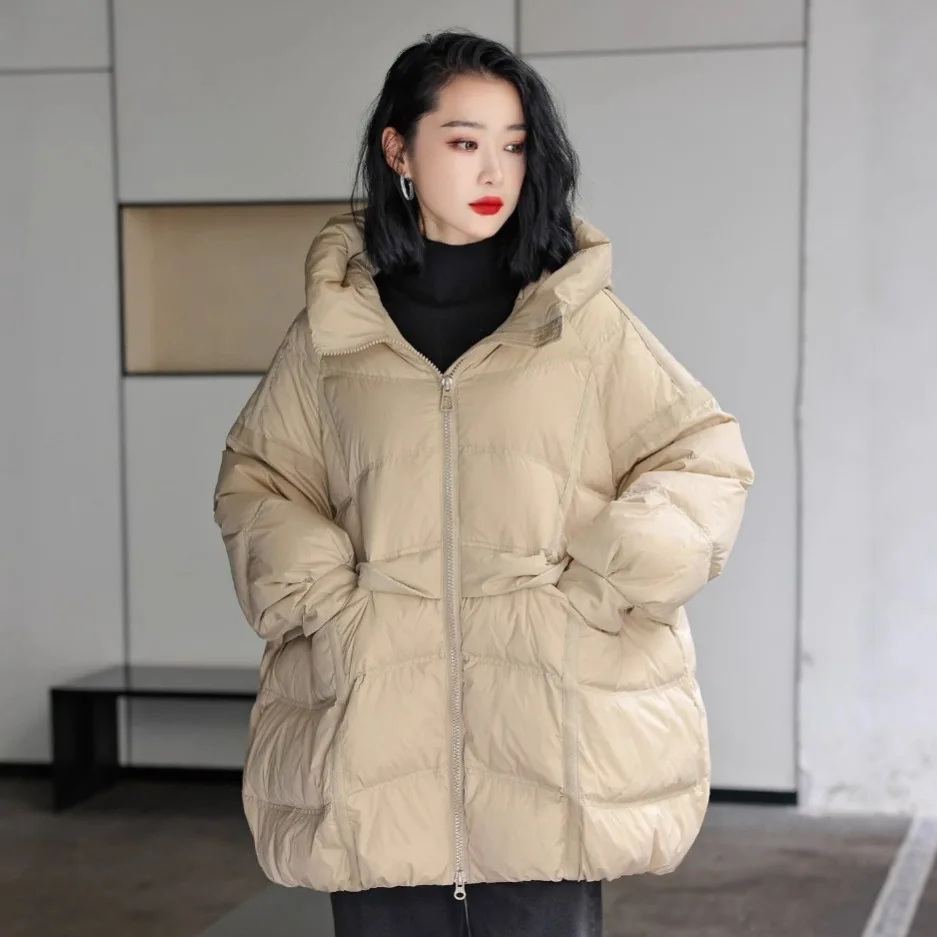 2025, Winter europäische Damen-Daunenjacke, Pendler-Kapuze, warme High-Street-Jacke