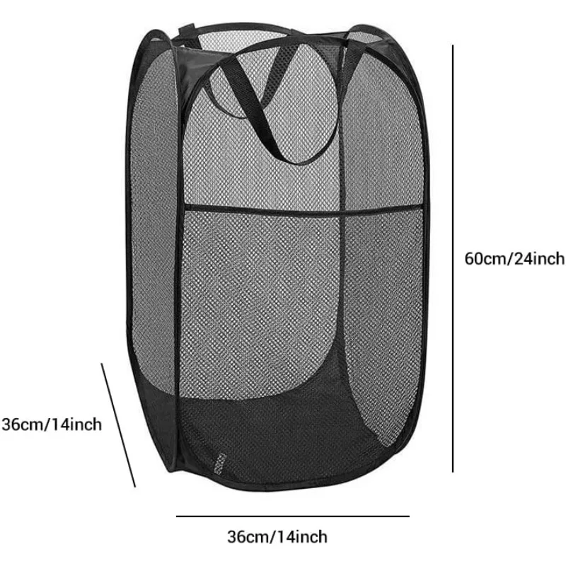 Cesto de ropa portátil de malla plegable con apertura amplia, transpirable, que ahorra espacio, ideal para dormitorios, viajes y artículos de baño.