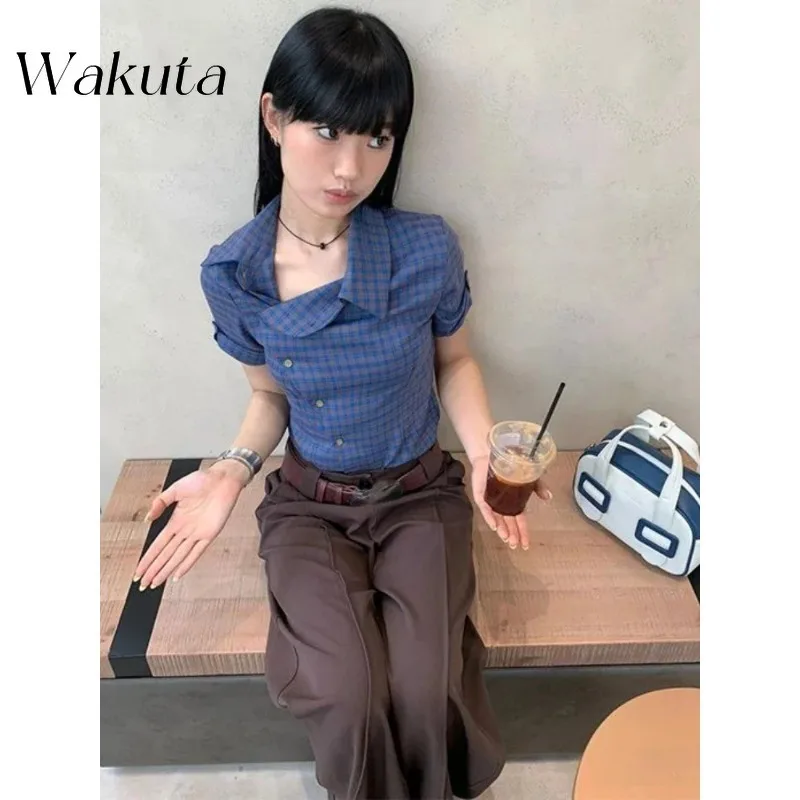 

WAKUTA Japanese Collar Single Breasted Harajuku Shirt Camisas De Mujer Retro Checkered Slimming Street Top Y2k Blusas De Mujer