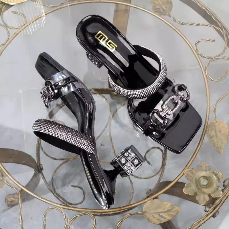Fashion Slippers Summer New Square Head Shallow Mouth Crystal Metal Buckle Transparent Strap Non-slip High-heeled Sandals image 4