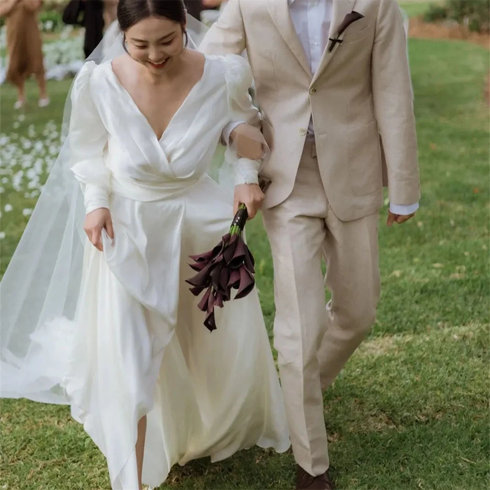 Vestido de novia de satén suave con mangas abullonadas y cuello en V para mujer, traje Brdidal sencillo con Espalda descubierta, hecho a medida, #20082