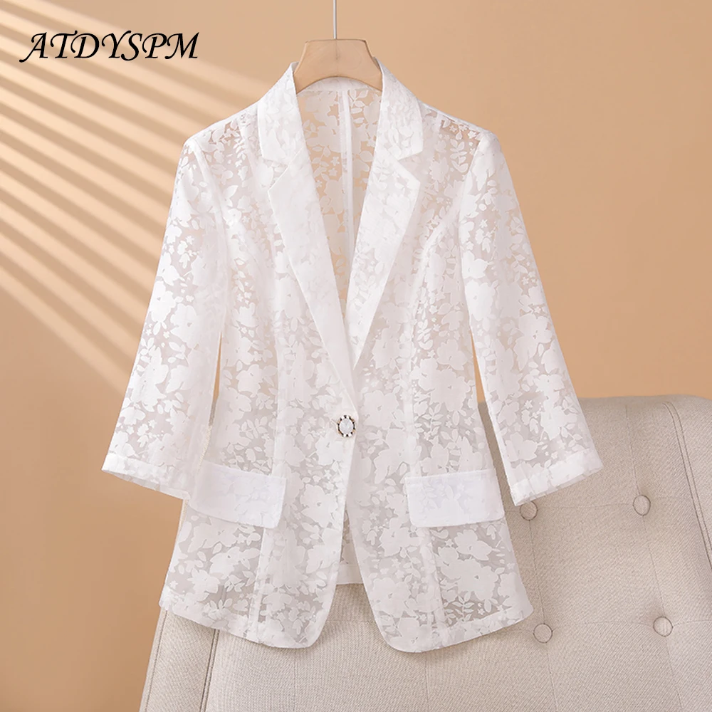 

2024 Summer Sexy Hollow Out Thin Mesh Suit Blazer Women Commuter One Button Slim Waist Temperament 3/4 Sleeve Casual Coats Women