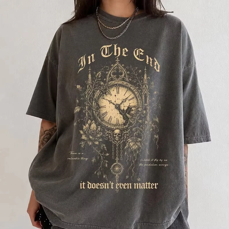 Vintage Clock Dark Botanical Gothic Graphic T‑shirt Unisex Washed Cotton Short Sleeve Grunge Punk Casual Streetwear Tops