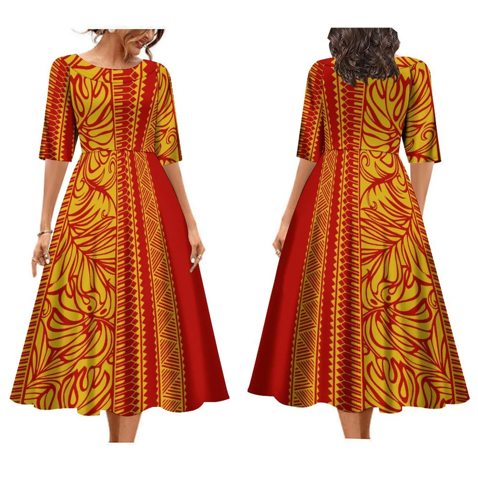 Polynesian Summer Ladies Long Skirt Round Neck Short Sleeve Tattoo Print Puffy Dress Quality Fabric Banquet Party Dress