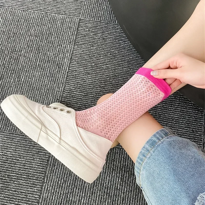 Summer Socks Women Hollow Out Mesh Thin Breathable Elastic Long Socks Casual Fashion Solid Color School Girls Middle Tube Socks