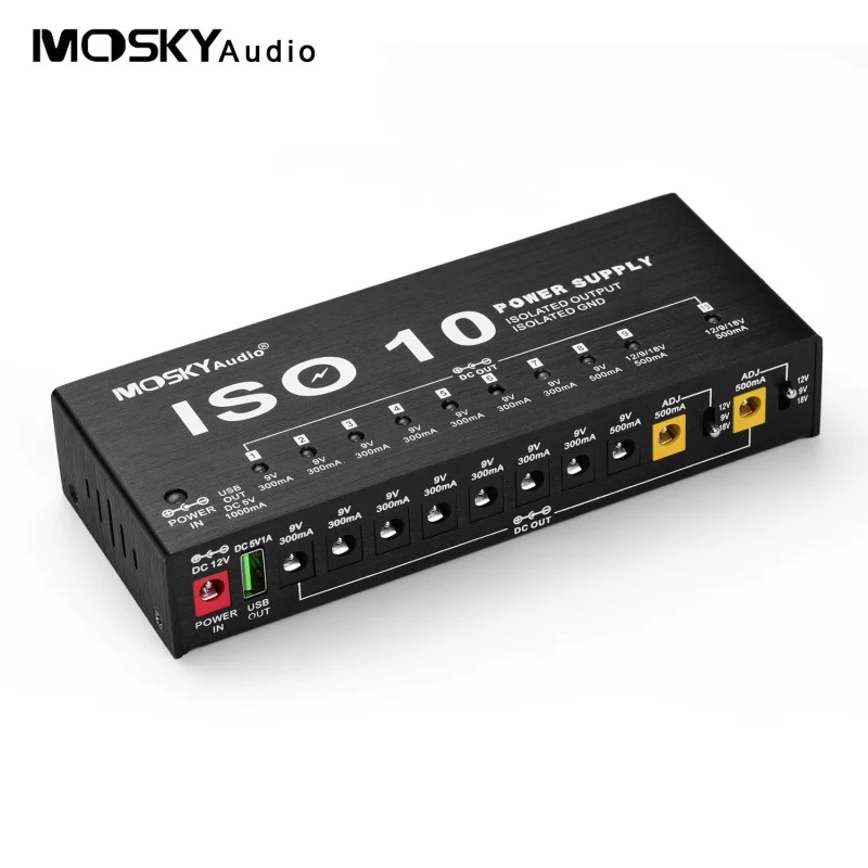 

MOSKYAudio ISO-10 Portable Guitar Effect Power Supply Station 10 Isolated DC Outputs & 5V Output for 9V 12V 18V Guitar Effects