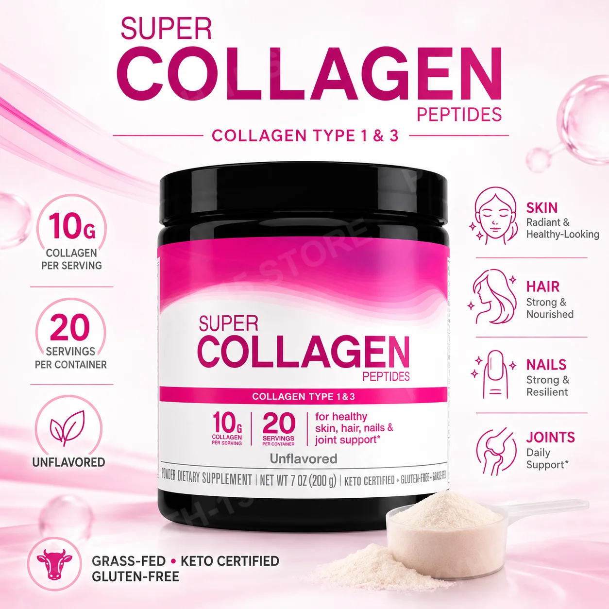 Unflavored Collagen Peptides Powder 10g Per Serving Hydrolyzed Bovine Protein 20 Servings Daily Nutrition Support for Adults