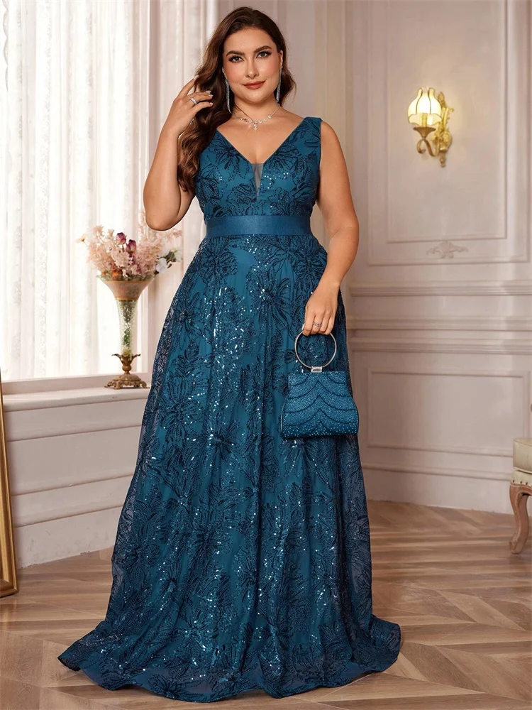 XUIBOL grande taille luxe Sexy col en v profond paillettes bleu robe de soirée femmes élégant v-back fête de mariage longue robe de Cocktail de bal