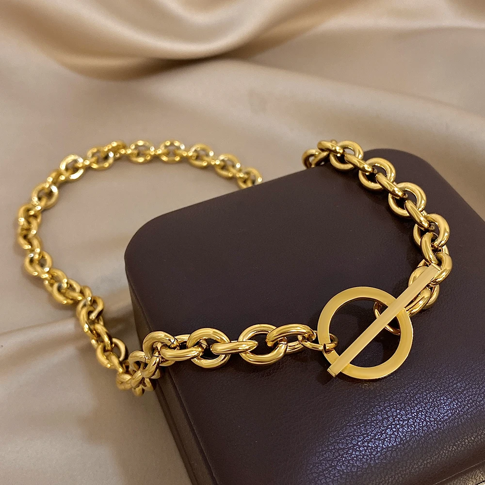 Flashbuy 316L Stainless Steel Chunky Simple Basic Gold Color Thick Chain Necklace For Women Men Fashion Jewelry Gift