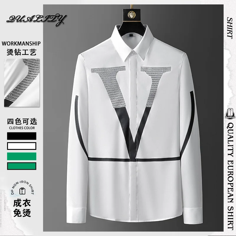 Cross border European Station Long sleeved Shirt Men's Trendy Big V Slim Fit Shirt Non iron Wrinkle resistant Men's Shirt