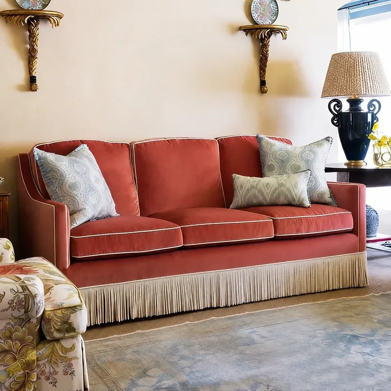 Retro Fabric Sofa Three Seater Velvet Cloth Fringed Straight Row Couch for Small Apartment Living Room Household Furniture