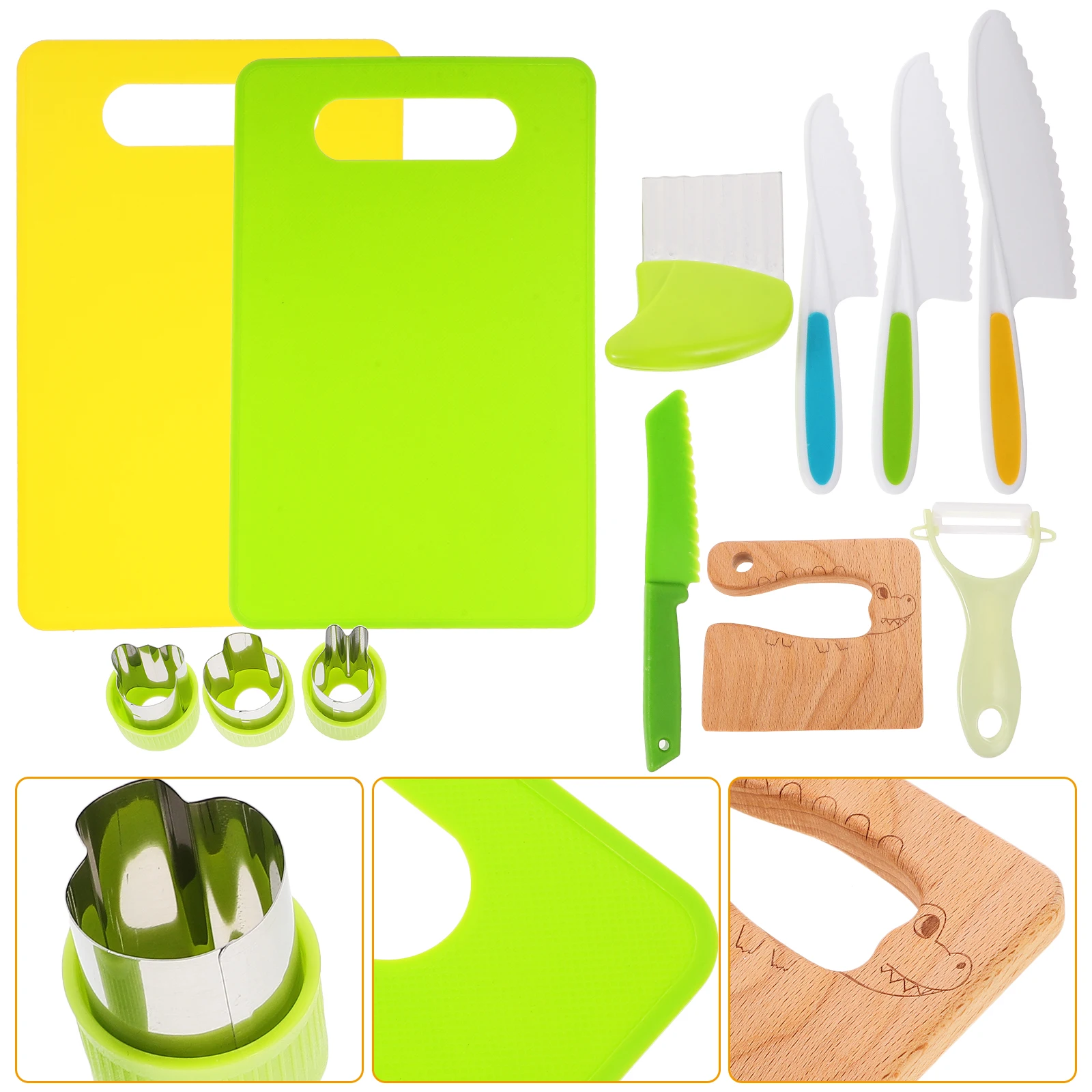 1 set Set da cucina giocattolo per bambini Strumenti a testa tonda Giallo Verde Blu Gioco sensoriale realistico Regali educativi per lo sviluppo precoce