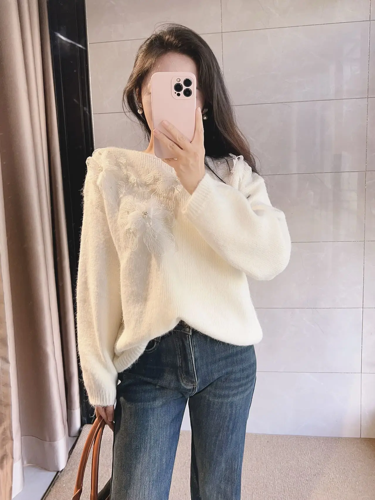 

Романтический шерстяной вязаный свитер ручной работы Princ Sle, мягкий теплый женский зимний топ на одно плечо с цветочным узором