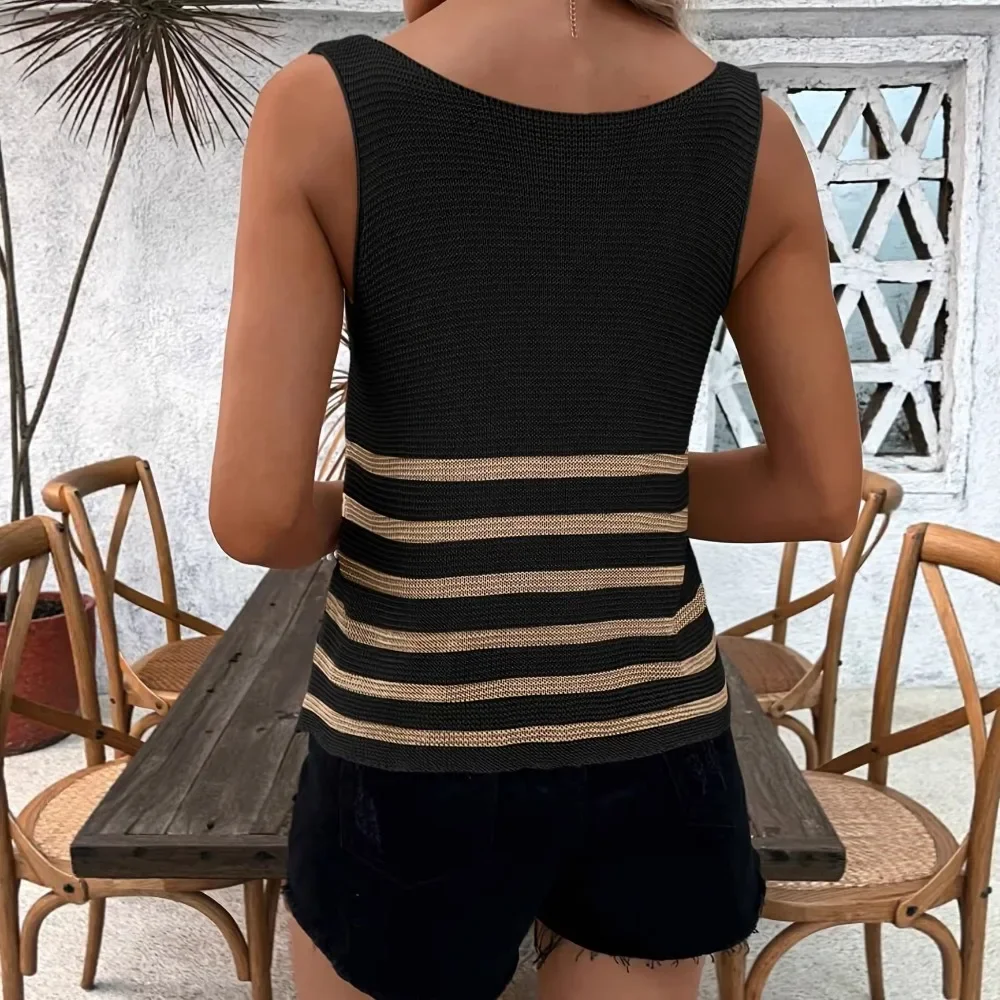 Women V Neck Striped Knit Tank Top Sleeveless Ribbed Cami Inner Layering Outerwear Breathable Soft Flattering Streetwear Comfy