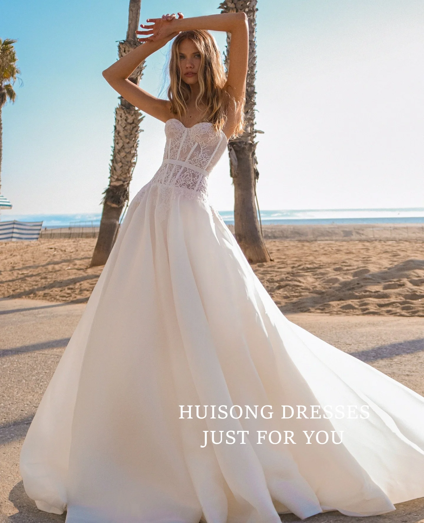 

HUISONG Customized свадебное платье Satin Wedding Dresses Lace Appliques Sweetheart Sleeveless A-Line Beach Bridal Gown שמלת כלה