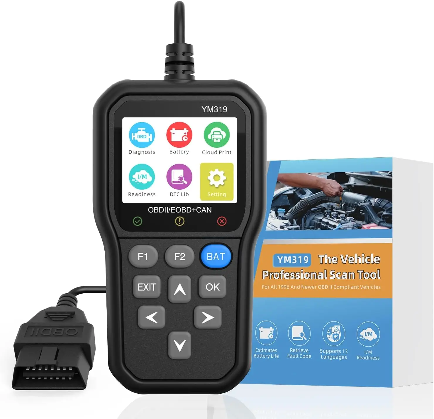 

Сканер OBD2 с живыми данными, проверкой батареи, считыванием кода/изменения, печатью DTC и отчетов, 13 языков для всех автомобилей OBDII с момента