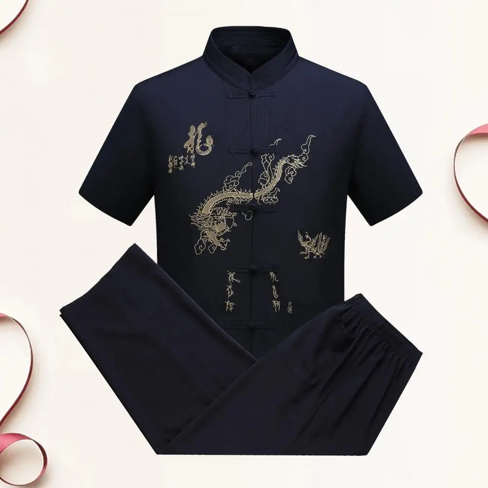 Chinese Style Men Shirt Pants Suit Tang Suit Clothes Stand Collar Short Sleeve Wide Leg Loose 2 Pcs/Set conjunto hombre