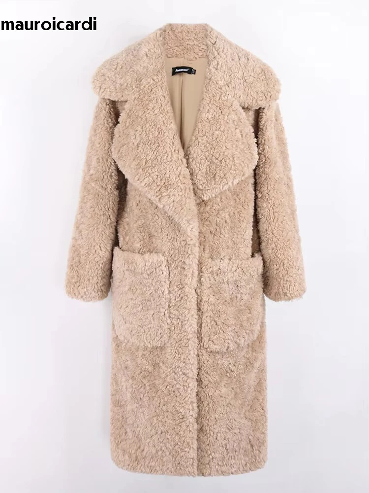 Mauroicardi Autumn Winter Long Oversized Thick Warm Fluffy Khaki Faux Fur Coat Women Pockets Loose Casual Korean Fashion 2024