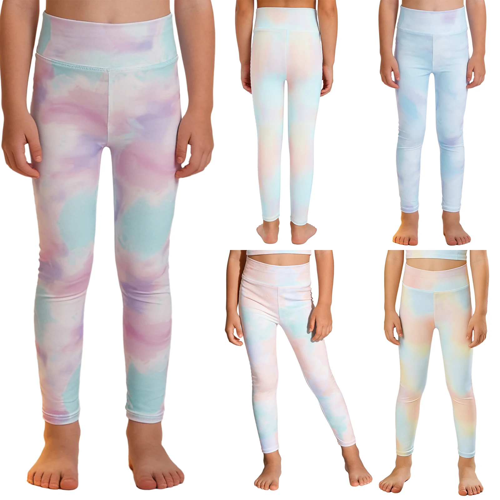 Kids Girls Printed Yoga Leggings Elastic Waistband Quick-drying Lightweight Athletic Pants for Dance Workout Running Cycling