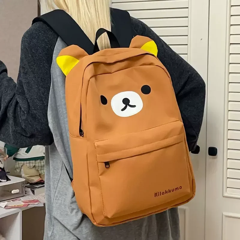 Rilakkuma Kawaii Cartoon Backpack Waterproof Nylon Large Capacity Embroidery School Bag For Young Adult Daily Travel Campus Work gallery 4