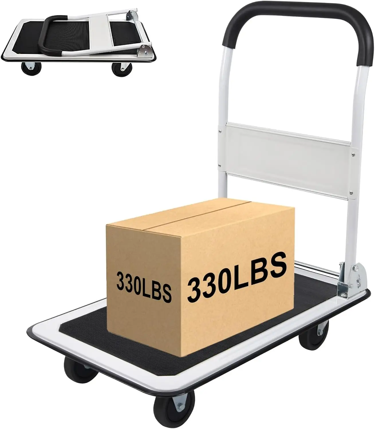 

Foldable Push Cart with 330lbs Capacity, 4 Wheels, White Small Flatbed Cart for Easy Transport
