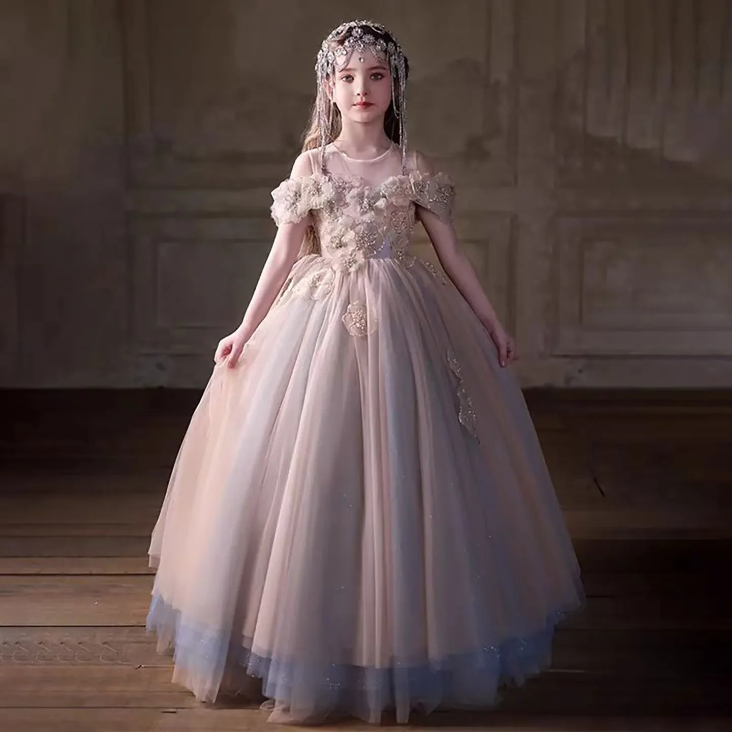 Luxury Flower Girl Dresses With Flower Lace Beading Off Shoulder Kids Wedding Birthday Party Pageant Evening Gown