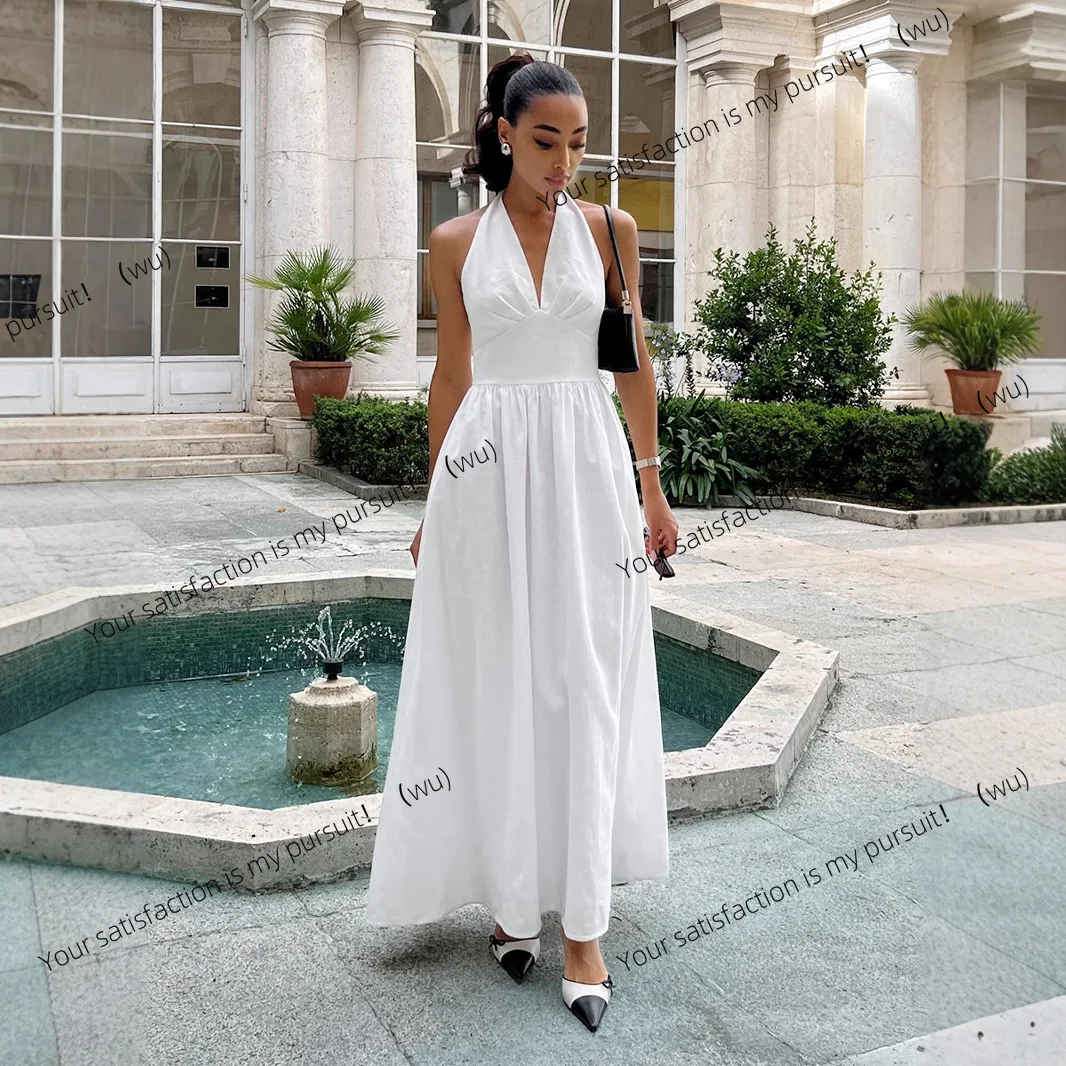 

ZOCI-pure cotton long dress, waist V-neck strap long dress, big pendulum women