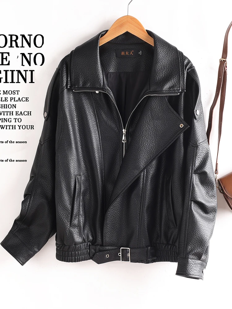   Giacca da donna in vera pelle di pecora Ning, modello casual e ampio, stile biker, nuova collezione autunnale, con cerniera e maniche corte.