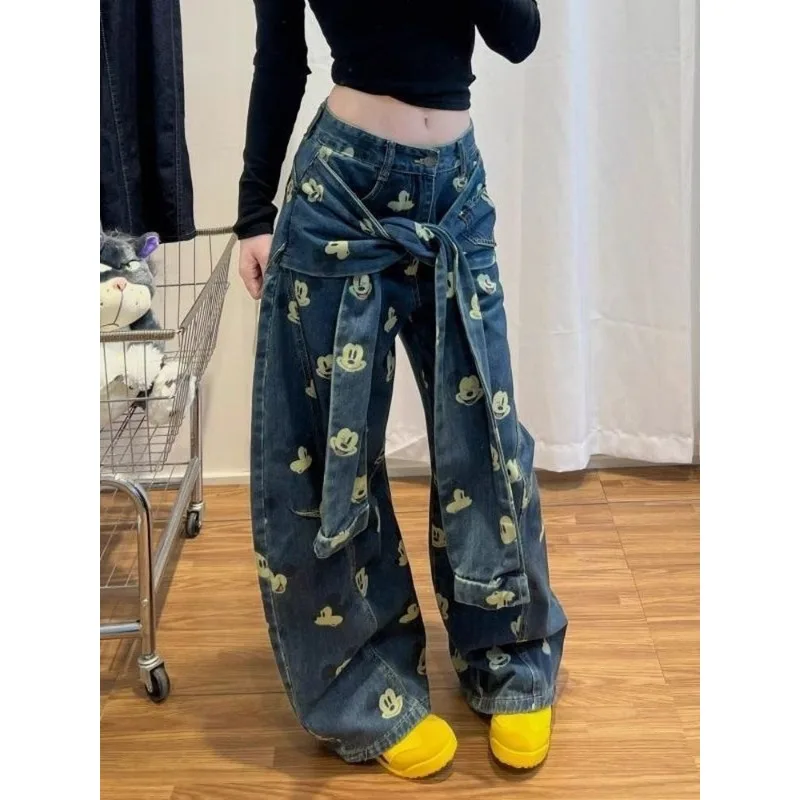 

Disney шорты джинсовые Women's American Vintage Mickey Print Jeans Winter High Street Fashion Loose Slim Wide Leg Denim Pants