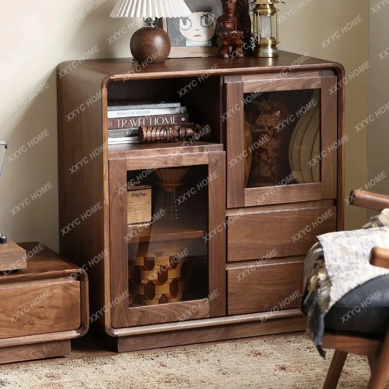X-S   Solid Wood Walnut Wall-Mounted Modern Minimalist Living Room Sideboard Storage Cabinet HG
