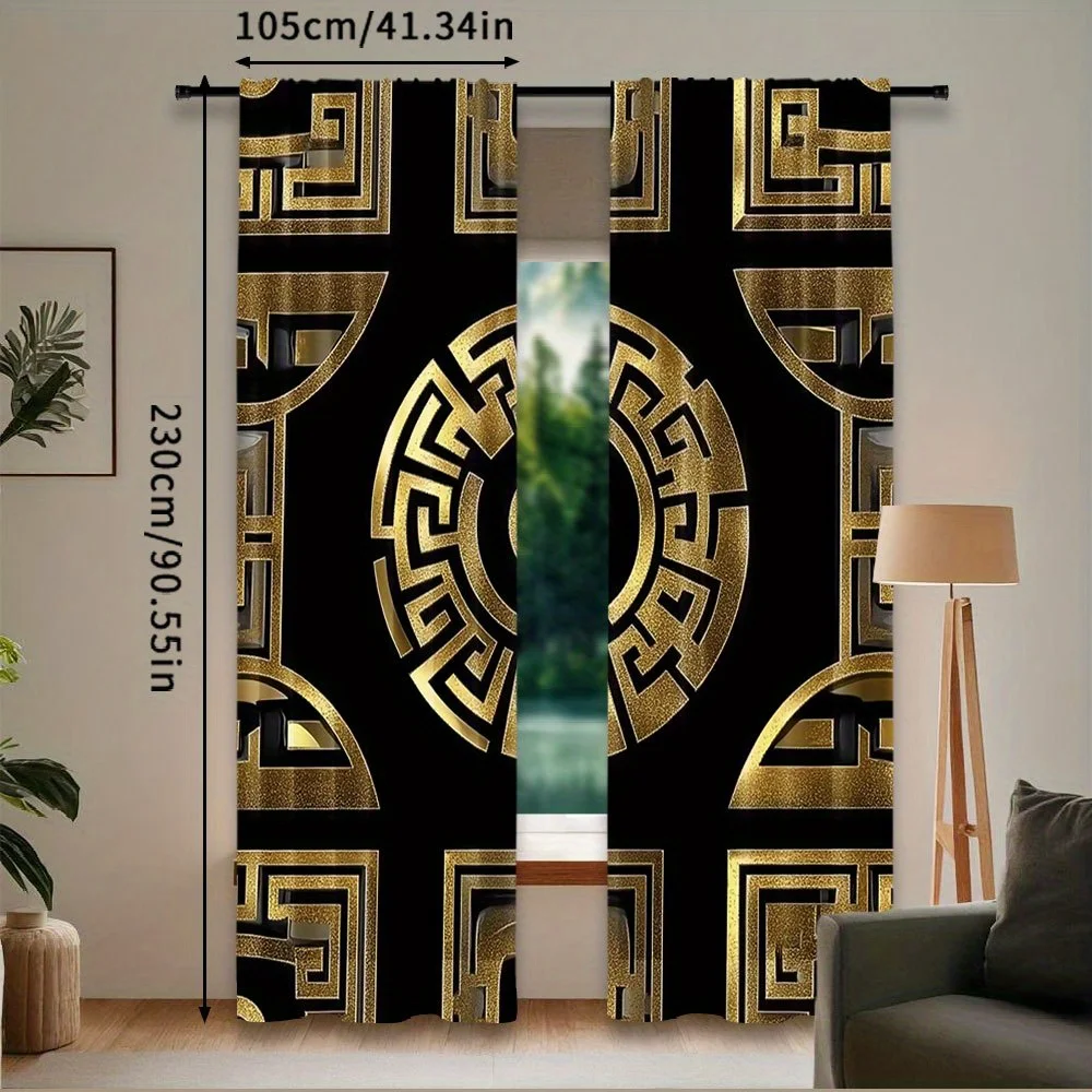 Black Gold Geometric Greek Key Meander Pattern Curtains Luxury Living Room Bedroom Window Drapes Modern Art Style Home