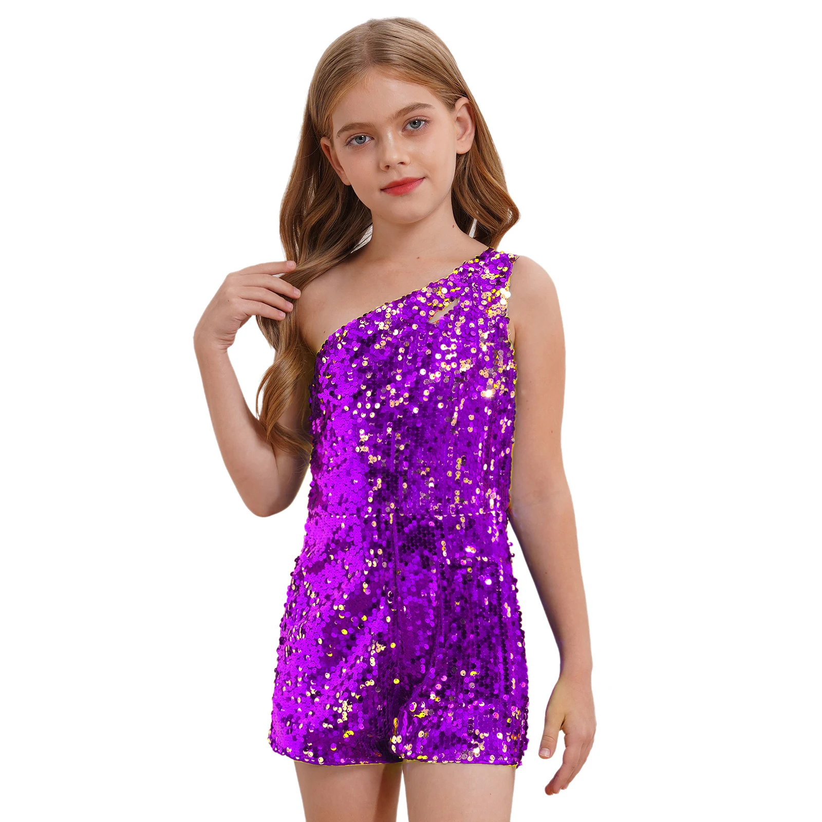 Kids Girls Sequins Party Rompers One Shoulder Sleeveless Short Jumpsuit for Birthday Wedding Evening Ball Jazz Cha-Cha Dance