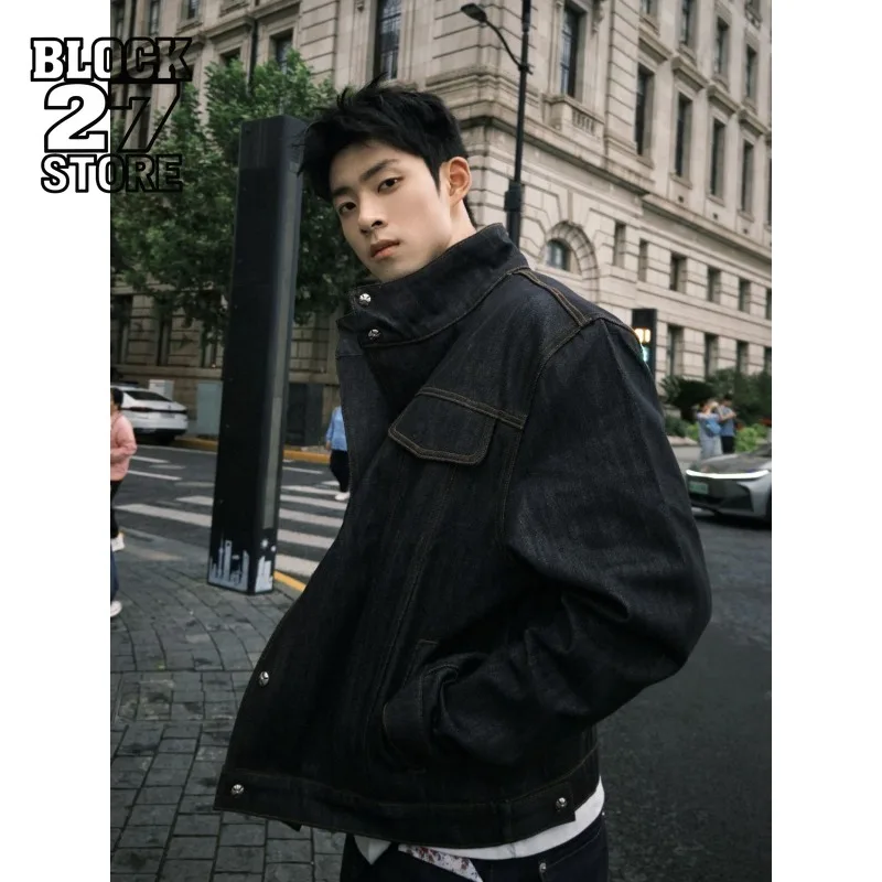 

Mens Denim Jacket Harajuku Autumn Imported Slanted Collar Raw Denim Short Wide Coat Cleanfit Casual Streetwear New Style Wear