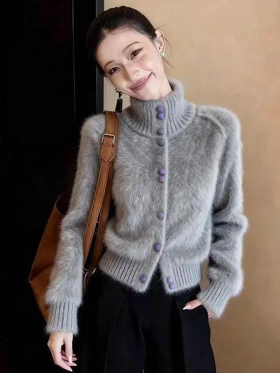 Hong Kong Style Fashionable Long Sleeve High Collar Single Button Sweater Cardigan Autumn Winter New All Match  Fur Coat