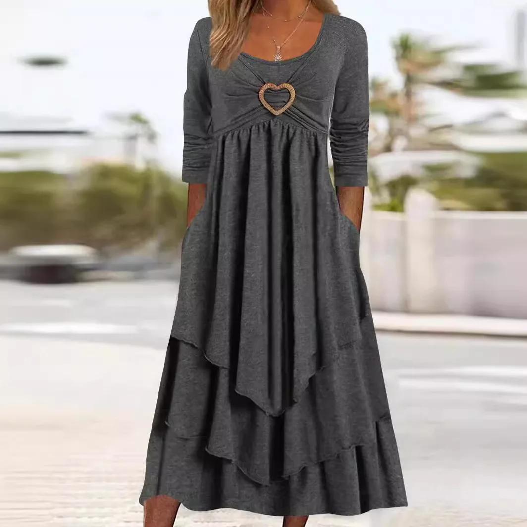 

Elegant Multi Layers Splicing Cake Hem Dress Women Autumn High Waist Long Sleeve Dressy Female Love Heart Decoration Pocket Gown