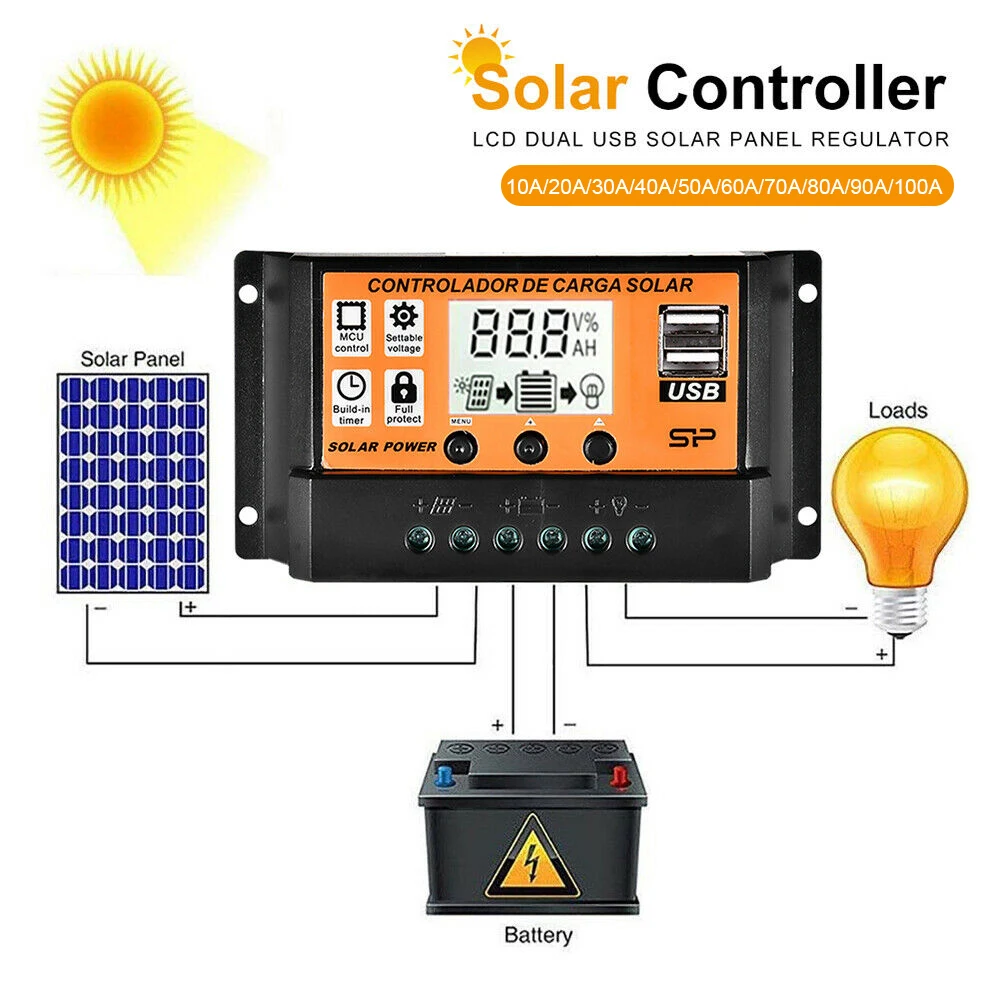 Solar Charge Controller USB Port 12V/24V MPPT/PWM 10A-100A Solar Panel Dual Electrical Equipment Auto Paremeter Adjustable Tools