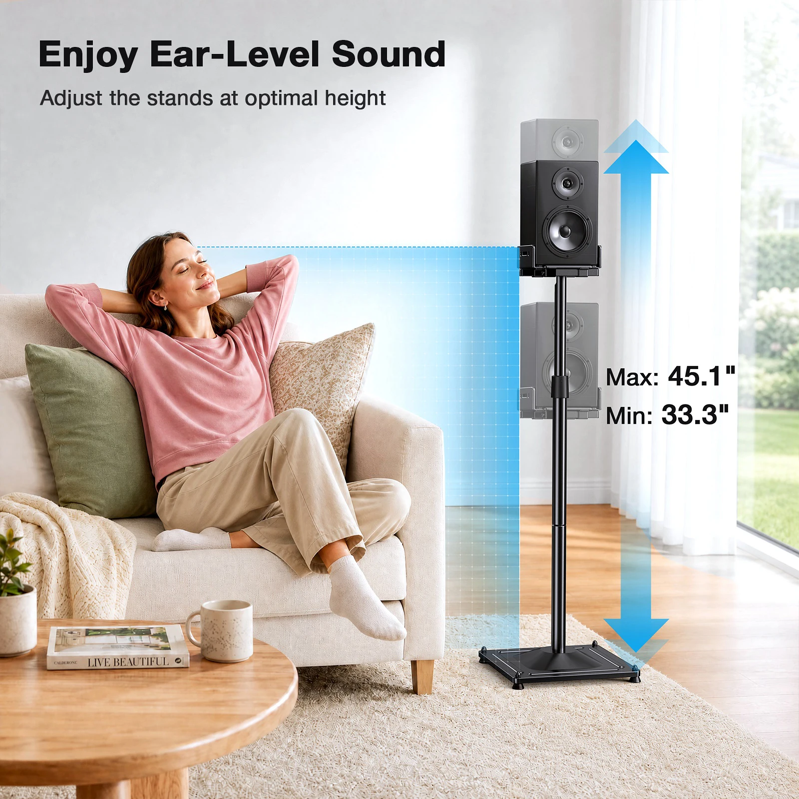 1 Pair Black Universal Speaker Stands for Surround Sound -Height Adjustable Extend 33.3”to 45.1”, Floor Speaker Stand for Satellite & Studio & Bookshelf Speakers up to 11LBS
