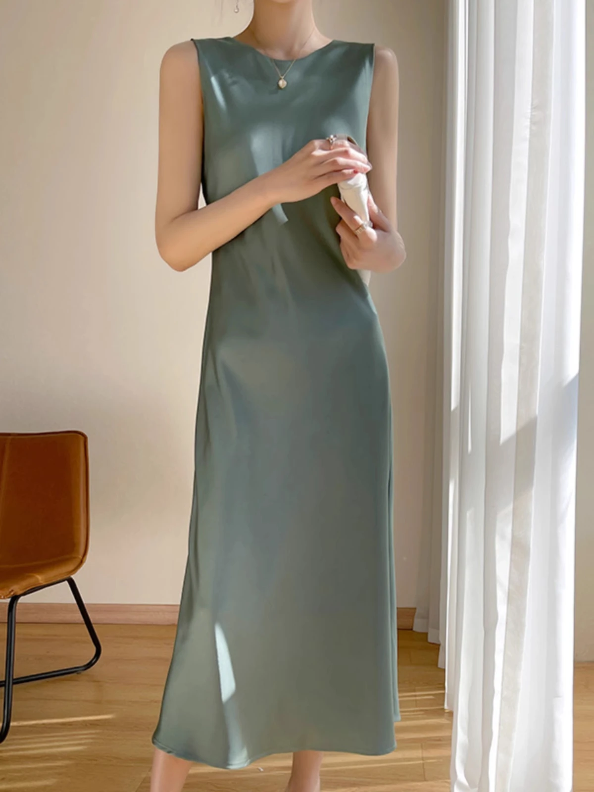 Spring Summer Suit Inner Tank Dr Women Loose Silk Satin Vest Skirt Knee High Waist Slim Long Dr Commute Simple Sle